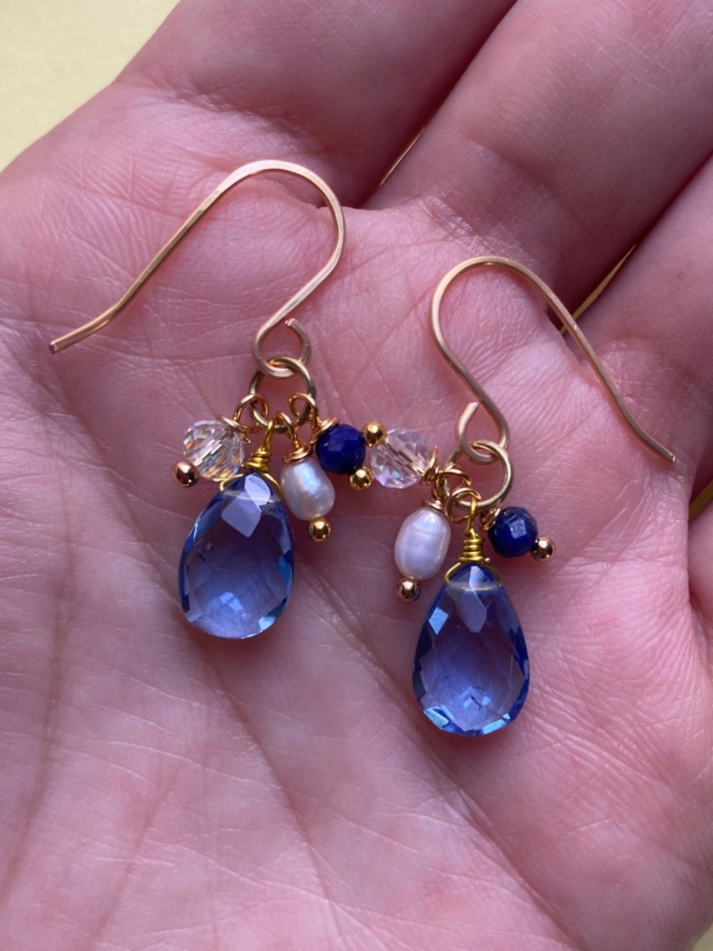 Handmade Earrings with Blue Apatite & Freshwater Pearl - Picture 3 of 3